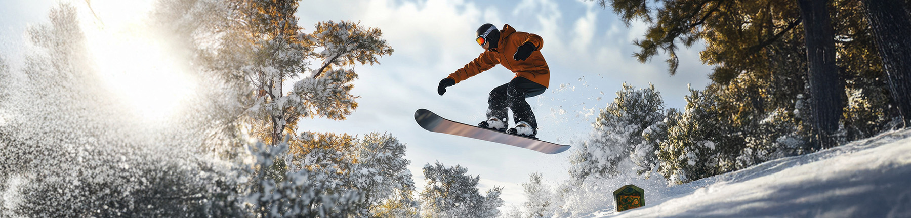 A snowboarder in a brown jacket with comfortemp® insulation, protected from the cold in a snowy mountain landscape.