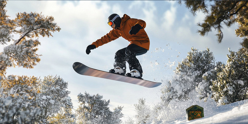 A snowboarder in a brown jacket with comfortemp® insulation, protected from the cold in a snowy mountain landscape.