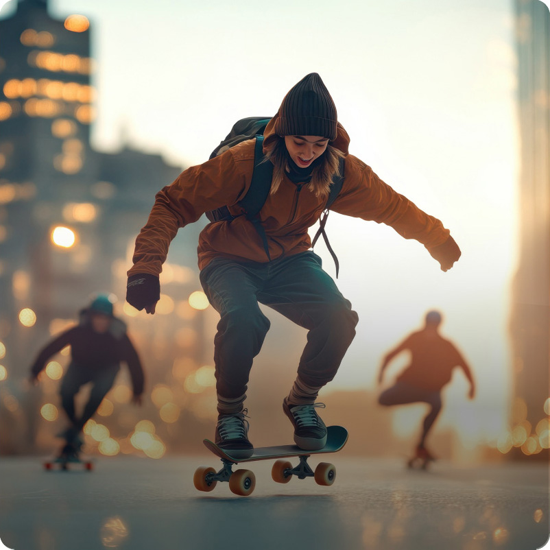 A young skateboarder in a brown jacket with comfortemp® insulation, with friends skating in the background.