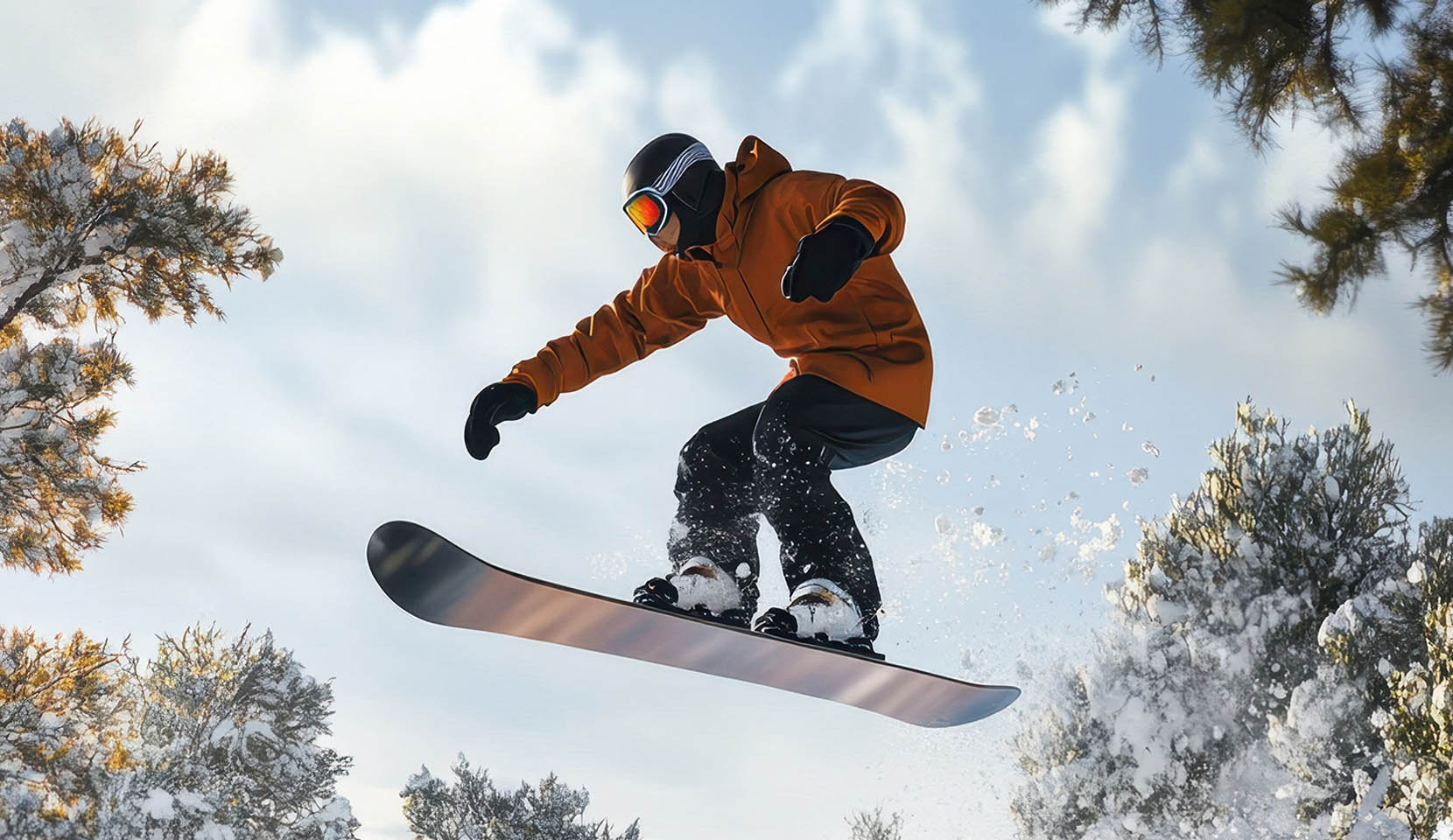 A snowboarder in a brown jacket with comfortemp® insulation, protected from the cold in a snowy mountain landscape.